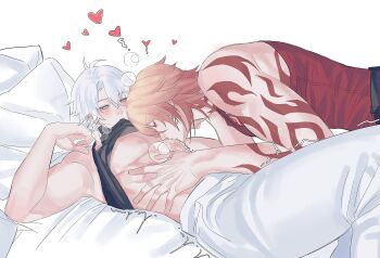 2boys abs antenna_hair arm_tattoo atalkingdonut black_choker black_tank_top blonde_hair blue_eyes blush braid chest_tattoo choker closed_eyes clothes_lift facial_tattoo gradient_hair highres honkai:_star_rail honkai_(series) male_focus medium_hair multicolored_hair multiple_boys mydei_(honkai:_star_rail) pants parted_bangs phainon_(honkai:_star_rail) red_hair red_tank_top red_tattoo shirt_lift short_hair side_braid tank_top tattoo toned toned_male white_hair white_pants yaoi