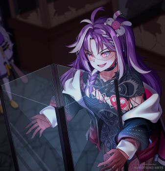 2girls absurdres antenna_hair artist_name black_choker black_dress black_jacket breasts choker cleavage dress eye_print fishnet_pantyhose fishnets glass gloves grey_eyes henya_the_genius henya_the_genius_(1st_costume) highres jacket jared_(michi_mochievee) kurotsuki_arts long_braid michi_mochievee michi_mochievee_(1st_costume) multicolored_hair multiple_girls open_clothes open_jacket open_mouth pantyhose purple_hair shoes stitched_face stitches streaked_hair torn_clothes torn_dress virtual_youtuber vshojo white_hair yellow_shoes zipper