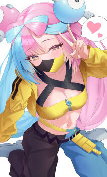 1girl absurdres belt black_belt black_mask black_pants blue_hair blue_pants blush bow-shaped_hair breasts canari_(pokemon) canari_(pokemon)_(cosplay) character_hair_ornament collarbone cosplay covered_mouth double_bun fake_hair_bun grey_shoes gusa hair_bun hair_ornament heart highres iono_(pokemon) jacket large_breasts long_hair long_sleeves looking_at_viewer mask mouth_mask multicolored_eyes multicolored_hair navel nintendo open_clothes open_jacket pants pink_hair pokemon pokemon_legends:_z-a pokemon_sv shoes simple_background sitting solo split-color_clothes split-color_hair spoken_heart stomach strapless tube_top two-tone_eyes two-tone_hair two-tone_mask two-tone_pants v wariza white_background yellow_eyes yellow_jacket yellow_mask yellow_tube_top zipper zipper_pull_tab