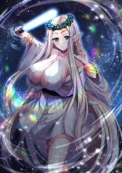 1girl absurdres blonde_hair bracelet breasts celestine_lucullus commission energy_sword green_eyes head_wreath highres jedi_knight jewelry kuroinu_~kedakaki_seijo_wa_hakudaku_ni_somaru~ large_breasts lightsaber long_hair looking_at_viewer pointy_ears solo sword tiara weapon zenniibi2