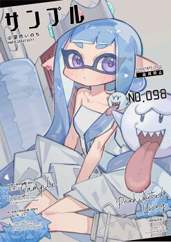 1girl absurdres artist_name bare_arms bare_shoulders blue_hair blunt_bangs blush boo_(mario) boots closed_mouth collarbone dress earrings full_body grey_boots heart heart_earrings highres inkling inkling_girl inkling_player_character jewelry long_hair looking_at_viewer mario_(series) mochizuki_inochi nintendo pointy_ears purple_eyes silver_crown sitting solo splatoon_(series) strapless strapless_dress tentacle_hair thick_eyebrows wariza watermark white_dress