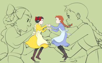 2girls anne_of_green_gables anne_shirley apron black_hair black_pantyhose blue_apron blue_dress boots bow braid braided_hair_rings brown_boots brown_hair closed_mouth commentary copyright_name dancing dated diana_barry different_zoom_layer dress freckles frilled_apron frills from_side green_background hair_bow hair_rings holding_hands jumping layered_dress long_hair looking_at_another multiple_girls open_mouth pantyhose red_bow sakai_yume short_hair signature smile teeth twin_braids twintails upper_teeth_only yellow_apron zoom_layer