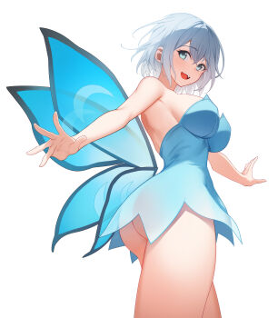 1girl :d absurdres aqua_eyes arched_back ass bang_dream! bare_arms bare_shoulders blue_dress blue_wings breasts commentary commission cowboy_shot crossed_bangs detached_wings dopamine70 dress fairy_wings from_below from_side grey_hair hair_between_eyes hands_up highres kurata_mashiro large_breasts looking_at_viewer looking_down looking_to_the_side open_mouth outstretched_arms paid_reward_available see-through_clothes see-through_dress short_dress short_hair simple_background smile solo standing strapless strapless_dress teeth upper_teeth_only white_background wings