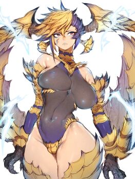 1girl breasts dragon_horns electricity fumio_(rsqkr) highres horns large_breasts leotard lightning lightning_bolt_facial_mark monster_girl monster_hunter_(series) monster_hunter_wilds multicolored_hair navel personification red_eyes rey_dau scales thick_thighs thighs two-tone_hair