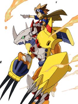 1boy 2boys analog_boy02 armor blue_headband blue_shirt brown_cloak brown_hair brown_shorts child cloak colored_skin commentary digimon digimon_adventure digimon_adventure_v-tamer_01 dragon english_commentary from_side full_body goggles goggles_on_head green_eyes headband highres male_focus multiple_boys orange_skin pointing red_hair riding shirt short_hair shorts wargreymon white_background yagami_taichi yagami_taichi_(digimon_adventure_v-tamer_01) yellow_armor