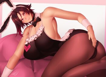 1girl animal_ears artist_name ass black_bow black_hair blush bow bowtie rabbit_ears cameltoe hand_on_own_ass highres huge_ass looking_at_viewer nachocobana pantyhose red_hair ruby_rose rwby short_hair grey_eyes smile solo