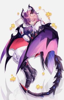 1boy absurdres abyss_of_alyss black_boots black_cat boots cat closed_eyes commentary_request dragon_boy dragon_horns dragon_wings from_above full_body genshin_impact gloves head_on_pillow highres horns long_sleeves lying male_focus mini_durin_(genshin_impact) mini_durin_(human)_(genshin_impact) on_side pants pillow purple_hair simple_background sleeping solo white_background white_gloves white_pants wings