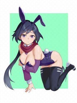 1girl :o alternate_costume animal_ears aqua_background artist_request ayame_(gundam_build_divers) black_hair blush breasts detached_sleeves embarrassed fake_animal_ears full_body gundam gundam_build_divers hand_on_own_chest hanging_breasts highres long_hair necktie playboy_bunny purple_eyes scarf short_hair small_necktie socks sweatdrop tail thighhighs toeless_legwear white_background white_socks wrist_cuffs