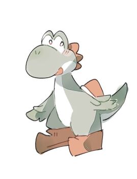 blush colored_skin dinosaur full_body green_skin green_yoshi head_spikes mario_(series) nintendo open_mouth orange_shoes shoes simple_background sketch smile solo white_background yoshi zugvogel_0525