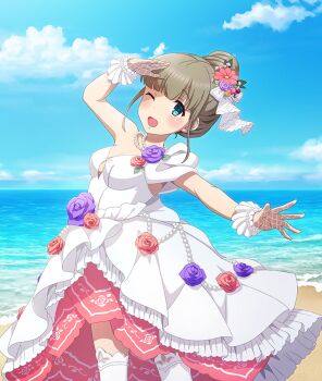 1girl ;d arm_up beach blue_eyes blue_sky blush breasts brown_hair center_opening cloud day dot_nose dress fishnet_gloves fishnets flower game_cg gloves hair_bun hair_flower hair_ornament horizon jewelry layered_skirt looking_at_viewer medium_breasts necklace ocean official_art one_eye_closed open_mouth outdoors outstretched_arm pearl_necklace pink_flower pink_skirt purple_flower purple_rose red_flower red_rose rose short_hair sidelocks single_hair_bun single_off_shoulder skirt sky smile solo string_of_pearls terashita_hoozuki thighhighs third-party_source toji_no_miko toji_no_miko:_kizamishi_issen_no_tomoshibi white_dress white_gloves white_skirt white_thighhighs