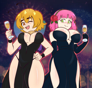 Rule 34 | 2024, 20s, 2girls, alcohol, antennae, arthropod girl, bee girl, bee wings, black dress, black gloves, black panties, blonde hair, blush, breasts, brown eyes, champagne, champagne glass, cleavage, cup, dakunart, dress, drink, drinking glass, fireworks, flower, fur collar, gloves, green eyes, hair flower, hair ornament, hairband, hand on own hip, happy new year, highres, holding, insect girl, insect wings, large breasts, looking at viewer, mely, multiple girls, new year, night, one eye closed, open mouth, panties, pink hair, rose, short hair, side slit, sky, sleeveless, sleeveless dress, smile, standing, star-shaped pupils, star (symbol), symbol-shaped pupils, teeth, underwear, vera (dakunart), wings, wink, wristband