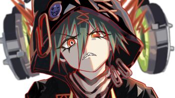 1girl baengi10 blurry blurry_background commentary_request duel_monster eyelashes green_hair hair_ornament hood hoodie kewl_tune_clip looking_at_viewer paperclip parted_lips portrait red_eyes sharp_teeth teeth white_background x_hair_ornament yu-gi-oh!