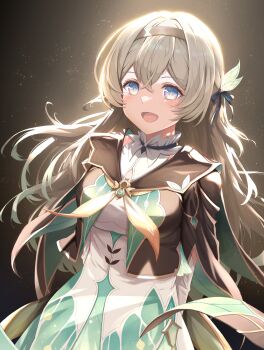 1girl absurdres arms_behind_back black_hairband black_jacket breasts commentary_request dress firefly_(honkai:_star_rail) green_dress grey_hair hair_between_eyes hair_ornament hairband harutaro_5d highres honkai:_star_rail honkai_(series) jacket medium_breasts neckerchief open_mouth orange_neckerchief pink_eyes smile solo white_dress