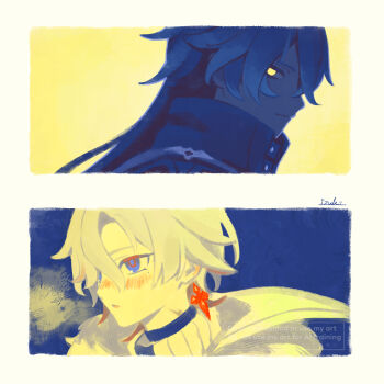 2boys 39_iduki blue_hair blush border closed_mouth collared_coat earrings flins_(genshin_impact) frown genshin_impact grey_hair hashtag-only_commentary highres illuga_(genshin_impact) jewelry limited_palette long_hair looking_back male_focus multiple_boys parted_bangs piercing short_hair sideways_glance single_earring turtleneck watermark white_border