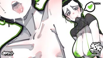 1girl absurdres artist_name black_hair black_shirt bra breasts cleavage clothes_lift commentary earrings english_commentary green_bra grey_eyes heart highres jewelry jrpencil large_breasts lifting_own_clothes looking_at_viewer makeup mouth_hold multiple_views open_mouth original raised_inner_eyebrows runny_makeup see-through_clothes see-through_shirt shirt shirt_lift short_hair short_sleeves simple_background speech_bubble spoken_heart tongue tongue_out underwear white_background