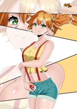 1girl asymmetrical_hair bare_arms bare_shoulders blush breasts cleavage crop_top denim denim_shorts eyelashes green_eyes green_shorts grin hair_between_eyes hair_tie hand_on_own_arm highres holding holding_poke_ball koniak007 large_breasts looking_at_viewer midriff misty_(pokemon) navel nintendo orange_hair parted_lips poke_ball poke_ball_(basic) pokemon pokemon_(anime) pokemon_(classic_anime) ponytail portrait shirt short_hair short_shorts shorts side_ponytail sleeveless sleeveless_shirt smile solo suspender_shorts suspenders tank_top yellow_shirt yellow_tank_top