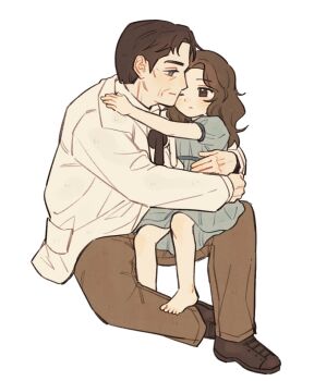 1boy 1girl age_difference blush brown_eyes brown_hair commentary_request couple hetero highres korean_commentary long_hair s22uic sitting