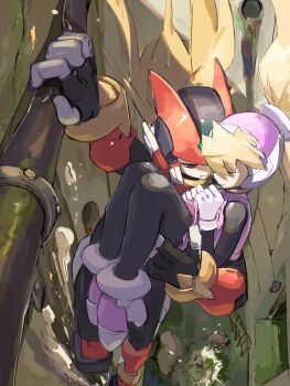 Rule 34 | 1boy, 1girl, absurdres, android, armor, blonde hair, bodystocking, bodysuit, boots, carrying, carrying person, ciel (mega man), closed eyes, commentary request, forehead jewel, full body, gloves, hanging, helmet, high ponytail, highres, long hair, mega man (series), mega man zero (series), omochi (mochi skymega), ponytail, red armor, stone wall, zero(z) (mega man), zero (mega man)