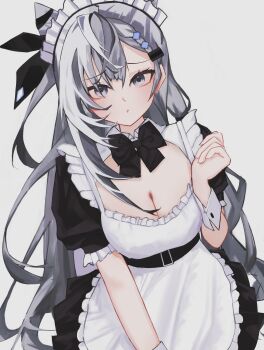 Rule 34 | 1girl, :o, absurdres, alternate costume, apron, belt, black belt, black bow, black bowtie, black dress, bow, bowtie, braid, braided bangs, breasts, cleavage, commentary, cone hair bun, dress, dutch angle, enmaided, frilled apron, frills, furrowed brow, grey eyes, grey hair, hair between eyes, hair bun, hair ornament, hairclip, hand up, highres, hololive, hololive indonesia, large breasts, long hair, looking at viewer, maid, maid apron, maid headdress, parted lips, puffy short sleeves, puffy sleeves, saltdcrmell, short sleeves, simple background, solo, symbol-only commentary, upper body, very long hair, vestia zeta, virtual youtuber, white apron, white background, white wrist cuffs, wrist cuffs
