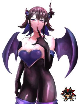 1girl :o absurdres adapted_costume asymmetrical_horns bare_shoulders bat_wings black_fur black_hair blue_hair boots breasts chibi cleavage colored_inner_hair cosplay cropped_legs crystal_horns demon_horns elbow_gloves gloves heart hedgehog_boy highres hololive hololive_english horns kizuru09 large_breasts looking_at_viewer mole mole_under_eye multicolored_hair naughty_face nerissa_ravencroft red_eyes red_fur rouge_the_bat rouge_the_bat_(cosplay) shadow_the_hedgehog simple_background solo_focus sonic_(series) two-tone_hair uneven_horns virtual_youtuber wings