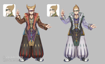 1boy alternate_color alternate_hairstyle anbe_yoshirou artist_name bead_bracelet beads black_choker black_pants blonde_hair bracelet braid braided_beard choker closed_mouth collarbone commentary_request copyright_notice eye_mask facial_hair full_body goatee grey_background hairstyle_request harem_pants highres jewelry long_sleeves male_focus mask official_art pants pointy_shoes romancing_saga_2 saga shoes sigen_(romancing_saga_2) smile standing tassel white_pants white_shoes