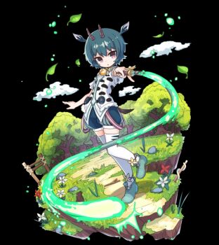 1girl :o animal_print bell black_background blue_shorts bob_cut brown_eyes cloud cow_print fence flat_chest flower full_body grass green_hair green_shoes hair_between_eyes highres holding holding_whip horns lophey_(merc_storia) merc_storia merc_storia_art_team neck_bell official_art outstretched_arm red_flower shirt shoes short_hair short_sleeves shorts simple_background solo standing tachi-e thighhighs tree v-shaped_eyebrows whip white_flower white_thighhighs