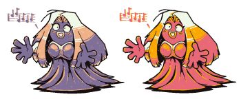 Rule 34 | 2girls, blonde hair, blush, boobplate, breastplate, breasts, colored skin, commentary, coolstickarts, dress, english commentary, gen 1 pokemon, happy, jynx, large breasts, long hair, multiple girls, musical note, musical staff, nintendo, no humans, no nose, open hands, pixel art, pokemon, pokemon (creature), pokemon rgby, purple skin, red skin, simple background, thick lips, vambraces, white background