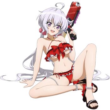 1girl :d ahoge anime_coloring bikini breasts cleavage dolphin_wave game_cg grey_hair hair_ornament hair_scrunchie hand_on_ground high_heel_sandals holding holding_water_gun large_breasts light_blush long_hair low_twintails navel non-web_source official_alternate_costume official_art open_mouth pearl_anklet pink_scrunchie purple_eyes red_bikini sandals scrunchie senki_zesshou_symphogear shiny_skin simple_background sitting smile solo string_of_pearls swimsuit transparent_background twintails underboob water_gun yukine_chris