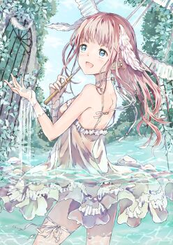 Rule 34 | 1girl, back, blue eyes, blue sky, blush, bracelet, commentary request, cowboy shot, day, dress, earrings, fence, floating clothes, frilled dress, frilled umbrella, frills, from behind, from side, green water, halterneck, hands up, head wings, holding, holding umbrella, holding water, hoshimaemi, in water, jewelry, laughing, leaf, leg ribbon, looking to the side, medium hair, miniskirt, original, pink hair, ribbon, see-through bracelet, see-through clothes, see-through dress, see-through skirt, see-through wrist cuffs, short dress, side-tie peek, skirt, sky, smile, solo, spooning, standing, strap, thigh strap, transparent, transparent umbrella, tree, umbrella, water, water drop, wings, wrist cuffs, wristband