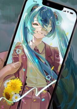 1girl aqua_eyes aqua_hair arms_behind_back blazer blue_sky brown_jacket brown_necktie brown_skirt buttons cellphone cloud cloudy_sky collared_jacket collared_shirt commentary confetti cowboy_shot daisy_(flower) day dress_shirt eyelashes eyepatch field floating_hair flower grin hair_between_eyes hair_ornament half-closed_eye hatsune_miku highres holding holding_phone jacket lapels long_hair long_sleeves looking_at_viewer medical_eyepatch necktie notched_lapels open_clothes open_jacket outdoors phone pleated_skirt rain revealing_layer school_uniform shirt skirt sky smartphone smile solo_focus sparkle star_(symbol) sunflower taigarendez taking_picture twintails very_long_hair vocaloid white_flower white_shirt wind yellow_flower