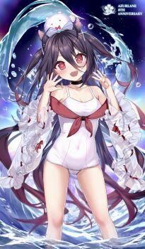+_+ 1girl anniversary antenna_hair azur_lane bare_legs black_choker black_hair blush breasts choker cleavage collarbone commentary_request commission covered_navel cross_hair_ornament english_text floating_hair hair_ornament hands_up highres i-168_(azur_lane) jyu-so long_hair looking_at_viewer multicolored_hair one-piece_swimsuit open_hand open_mouth partially_submerged red_eyes red_hair sakura_empire_(emblem) school_swimsuit sharp_teeth skeb_commission small_breasts smile solo standing swimsuit symbol-shaped_pupils symbol_in_eye teeth thighs torpedo two-tone_hair very_long_hair water water_drop waves white_one-piece_swimsuit x-shaped_pupils