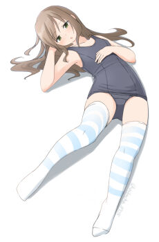 1girl black_one-piece_swimsuit blue_thighhighs brown_hair flat_chest full_body green_eyes hand_on_own_chest long_hair lying old_school_swimsuit one-piece_swimsuit original school_swimsuit shibacha solo striped_clothes striped_thighhighs swimsuit thighhighs