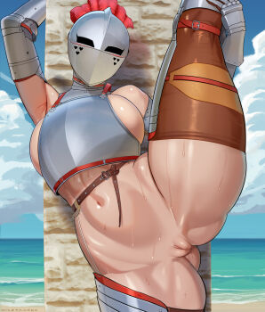 Rule 34 | 1girl, armor, armpits, artist name, bascinet, beach, breasts, bursting breasts, gauntlets, gluteal fold, helmet, highres, kardia (nisetanaka), knight, looking at viewer, navel, nisetanaka, no panties, original, pussy, solo, split, standing, standing on one leg, sweat, thighhighs, uncensored