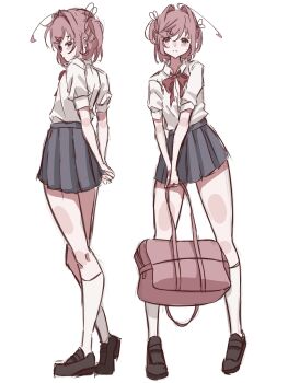 1girl absurdres arms_behind_back bag black_shoes blue_skirt bow collared_shirt commentary doki_doki_literature_club english_commentary full_body hair_intakes hair_ribbon highres holding holding_bag kneehighs multiple_views natsuki_(doki_doki_literature_club) own_hands_together pink_bag pink_hair red_bow ribbon shirt shoes short_hair simple_background skirt socks standing two_side_up white_background white_shirt white_socks why_zep