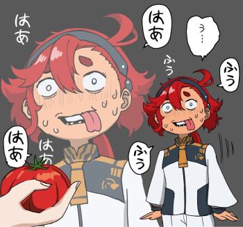 Rule 34 | 1girl, 1other, grey background, gundam, gundam suisei no majo, jacket, japanese text, kin-san (sasuraiga), looking at another, looking at viewer, pants, red hair, school uniform, speech bubble, suletta mercury, tomato, tongue, tongue out, twitter, white jacket, white pants