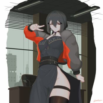 Rule 34 | 1girl, absurdres, black choker, black dress, black jacket, black thighhighs, brown eyes, choker, cowboy shot, dandelion (girls' frontline), dress, girls' frontline, hair between eyes, highres, indoors, jacket, multicolored jacket, nishibuya, open clothes, open jacket, red jacket, side slit, single thighhigh, solo, thighhighs, twitter username, two-tone jacket, v