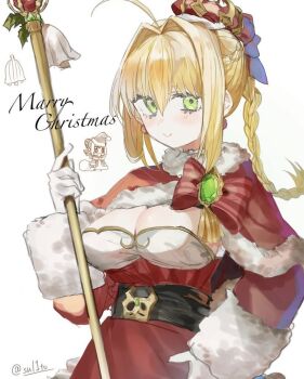 1girl ahoge blonde_hair bow braid breasts capelet christmas cleavage commentary_request crown dress earrings fate/extra fate_(series) gem green_eyes green_gem hair_bow hair_intakes hand_on_own_hip jewelry large_breasts looking_at_viewer meme nero_claudius_(fate) nero_claudius_(fate/extra) padoru_(meme) red_capelet santa_costume santa_dress smile solo staff tsukikaze_aki twitter_username