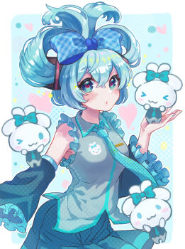 1girl 3_reversible bare_shoulders black_skirt black_sleeves blue_background blue_bow blue_eyes blue_hair blue_necktie blush border bow cinnamiku cinnamoroll collared_shirt commentary cowboy_shot detached_sleeves fuwa_fuwa_cinnamoroll grey_shirt hair_between_eyes hair_bow hand_up hatsune_miku highres long_sleeves looking_at_viewer necktie open_mouth outside_border pleated_skirt sanrio shirt short_hair skirt sleeveless sleeveless_shirt solo twintails updo vocaloid white_border