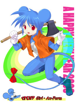 1girl 2008 animal_ears axe blue_bodysuit blue_hair blue_shoes bodysuit bow breasts character_name chinese_zodiac commentary full_body gloves hands_up happy_new_year holding holding_axe humanization itchy itchy_&amp;_scratchy jacket judy_totoya looking_at_viewer mouse_ears mouse_girl mouse_tail new_year open_clothes open_jacket open_mouth orange_jacket paw_shoes red_bow red_eyes shoes short_hair short_sleeves small_breasts smile solo tail tail_bow tail_ornament the_simpsons white_gloves year_of_the_rat