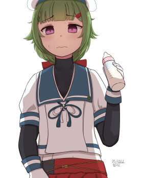 1girl absurdres baby_bottle blue_sailor_collar blunt_bangs bottle gloves green_hair hat highres kantai_collection layered_sleeves long_hair long_sleeves low_ponytail mariuta noumi_(kancolle) ponytail purple_eyes red_skirt sailor_collar sailor_hat sailor_shirt school_uniform serafuku shirt short_over_long_sleeves short_sleeves simple_background skirt solo undershirt upper_body white_background white_gloves white_hat white_shirt