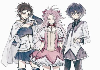 3boys absurdres akemi_homura akemi_homura_(cosplay) akemi_homura_(magical_girl) antenna_hair arm_behind_head atou_haruki black_hairband black_pantyhose black_ribbon blue_hair blue_shirt blue_skirt bow brown_hair cape chinese_commentary closed_mouth collared_shirt commentary_request cosplay cowboy_shot crossdressing crossdressing_(mtf) dark_blue_hair dress dress_bow frilled_dress frilled_shirt frills gloves grey_skirt hair_ribbon hairband harada_minoru hatsutori_hajime highres kaname_madoka kaname_madoka_(cosplay) kaname_madoka_(magical_girl) mahou_shoujo_madoka_magica mahou_shoujo_madoka_magica_(anime) male_focus miki_sayaka miki_sayaka_(cosplay) miki_sayaka_(magical_girl) miniskirt multiple_boys necktie pantyhose pink_dress pleated_skirt puffy_short_sleeves puffy_sleeves red_bow red_eyes red_ribbon ribbon saibou_shinkyoku shirt short_hair short_sleeves simple_background skirt smile soul_gem trap utsugi_noriyuki white_background white_cape white_gloves white_shirt xuanyuan