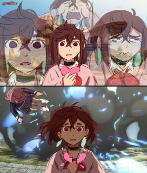 2girls artist_name ayase_momo black_choker blue_jacket blue_skirt bow bowtie broken_heart brown_eyes brown_hair choker commentary crossed_bangs crying crying_with_eyes_open dandadan earrings english_commentary explosion explosion_gag hair_between_eyes heart highres holding holding_heart jacket jewelry kami_high_school_uniform miniskirt multiple_girls open_mouth outdoors pink_hair pink_sweater red_bow red_bowtie school_uniform sequential shiratori_aira_(dandadan) short_hair skirt spatziline straight-on sweater tears upper_body