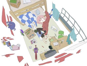 angry arm_up baseball_bat bedroom blanket cat cd chair curtains desk flcl foot_on_another&#039;s_back gainax grabbing_another&#039;s_hair green_eyes guitar haruhara_haruko highres holding_another&#039;s_hair hood hoodie instrument looking_at_viewer magazine_(object) messy_room nandaba_naota pencil pink_hair pink_punk_ponk simple_background television