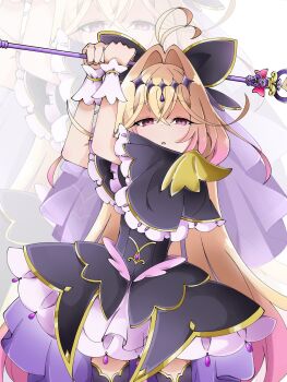 Rule 34 | 1girl, antenna hair, black bow, black capelet, black dress, blonde hair, bow, brooch, capelet, cure arcana shadow, dress, gradient hair, hair bow, hair intakes, heart, heart brooch, highres, holding, holding staff, jewelry, long hair, looking at viewer, magical girl, meitantei precure!, moria luluka, multicolored hair, open mouth, precure, purple eyes, purple veil, solo, staff, tear arcana rod, twilifnx, veil, wrist cuffs, zoom layer