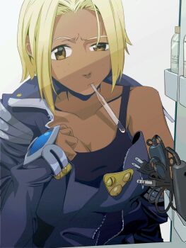 Rule 34 | bathroom, blonde hair, brushing teeth, dark skin, flcl, freckles, highres, kitsurubami, medium hair, mirror, mismatched eyebrows, orange eyes, pink punk ponk, short hair, toothbrush, upper body