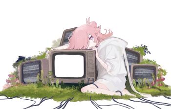 1boy absurdres cable copyright_request crt double_bun flower grass hair_bun hair_over_one_eye hako_(pockyoishiii) half_updo highres hood hood_down hoodie male_focus plant purple_eyes simple_background sitting solo static television trap wariza white_background white_hoodie