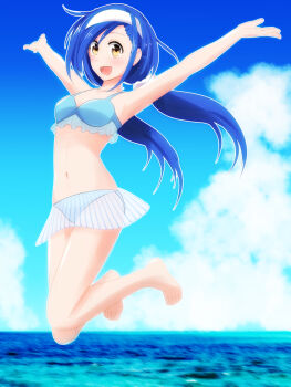 1girl armpits arms_up bare_shoulders bikini blue_hair blue_sky blush bokutachi_wa_benkyou_ga_dekinai breasts brown_eyes collarbone commentary_request day feet furuhashi_fumino hair_between_eyes hairband jumping legs long_hair mole mole_under_eye navel ocean open_mouth outdoors shiny_skin skirt sky small_breasts smile stomach swimsuit teina toes twintails