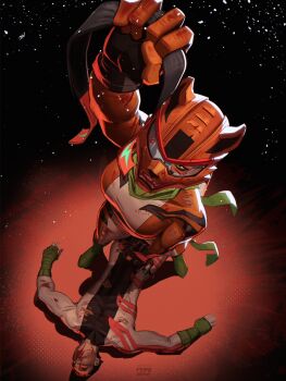 1boy 1girl arm_up black_bodysuit black_gloves blood blood_from_mouth blood_on_clothes blood_on_helmet bodysuit boots broken_helmet check_copyright commentary commission copyright_request english_commentary fingerless_gloves from_above gloves green_boots green_eyes green_gloves green_scarf helmet highres implied_after_fight injury looking_at_viewer looking_up lying multicolored_bodysuit on_back orange_background orange_bodysuit orange_helmet orange_theme original pepedraws scarf short_hair torn_bodysuit torn_clothes white_bodysuit