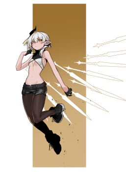 1girl absurdres bare_arms bare_shoulders belt black_belt black_boots black_gloves black_pantyhose black_shorts blush boots braid breasts commentary english_commentary full_body gloves groin hair_between_eyes half_gloves highres horns jewelry less looking_at_viewer navel necklace orange_eyes original pantyhose pantyhose_under_shorts pointy_ears short_hair short_shorts shorts simple_background single_horn small_breasts solo stomach white_hair