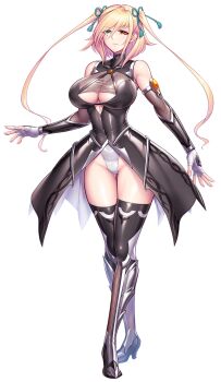 1girl :&gt; bare_legs bare_shoulders blonde_hair breasts cleavage_cutout clothing_cutout covered_navel curvy female_focus fingerless_gloves full_body game_cg gloves green_eyes hair_ribbon heterochromia highleg highleg_leotard highres impossible_clothes impossible_leotard japanese_clothes large_breasts leotard leotard_under_clothes lilith-soft long_hair looking_at_viewer mole mole_under_eye red_eyes revealing_clothes ribbon shinganji_kaede shiny_skin solo standing taimanin_(series) taimanin_kurenai taimanin_rpgx taimanin_suit transparent_background twintails very_long_hair white_leotard wide_hips zol